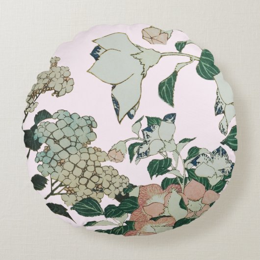 Vintage Hydrangea & Rustic Floral Round Pillow ラウンドクッション (正面)