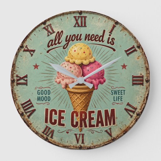 Vintage Ice Cream Retro Kitchen ラージ壁時計 (正面)
