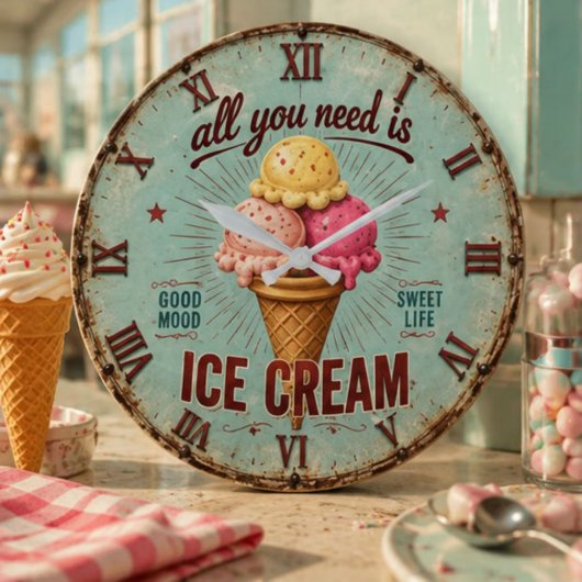 Vintage Ice Cream Retro Kitchen ラージ壁時計
