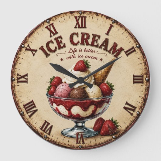 Vintage Ice Cream Sundae ラージ壁時計 (正面)