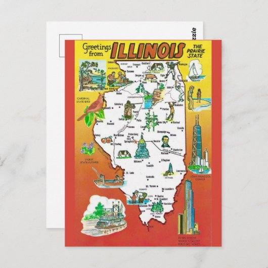 Vintage Illinois Prairie State Map ポストカード (正面/裏面)