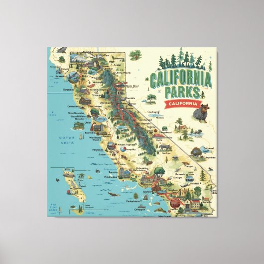 Vintage Illustrated California Parks Map Art キャンバスプリント (正面)