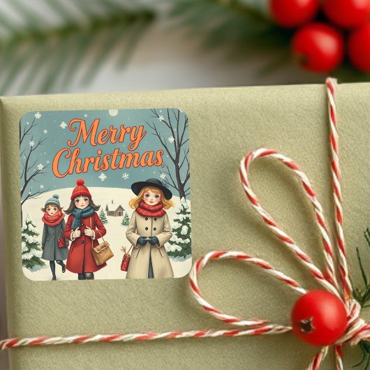 Vintage Illustration People going to Church スクエアシール