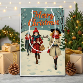 Vintage Illustration People going to Church Winter ミディアムペーパーバッグ