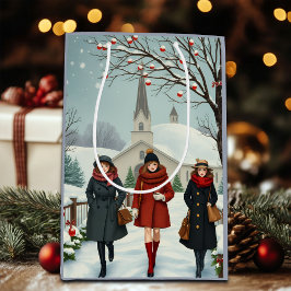 Vintage Illustration People leaving Church Winter ミディアムペーパーバッグ