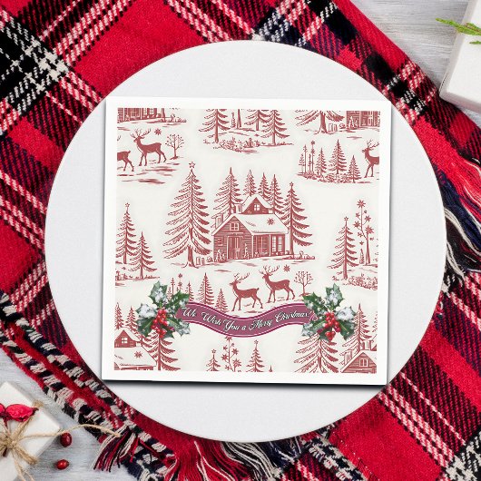 Vintage Illustration Reindeer and Houses Christmas スタンダードカクテルナプキン