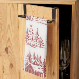 Vintage Illustration Reindeer and Houses Winter キッチンタオル