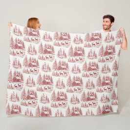 Vintage Illustration Reindeer and Houses Winter フリースブランケット