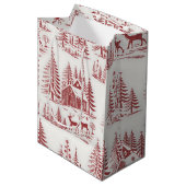 Vintage Illustration Reindeer and Houses Winter ミディアムペーパーバッグ (正面アングル)