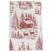 Vintage Illustration Reindeer and Houses Winter ミディアムペーパーバッグ (正面)