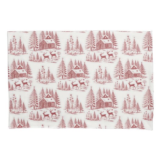 Vintage Illustration Reindeer and Houses Winter 枕カバー (正面)