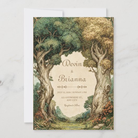 Vintage Illustrative Woodland Archway Wedding 招待状 (正面)
