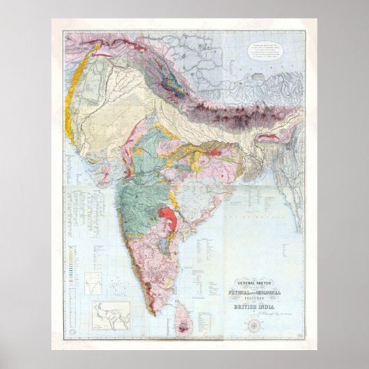Vintage India Geology Map (1855) ポスター (正面)