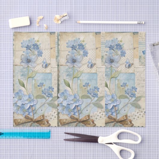 Vintage Inspired Blue Floral Butterfly Scrapbook 薄葉紙 (クラフト)