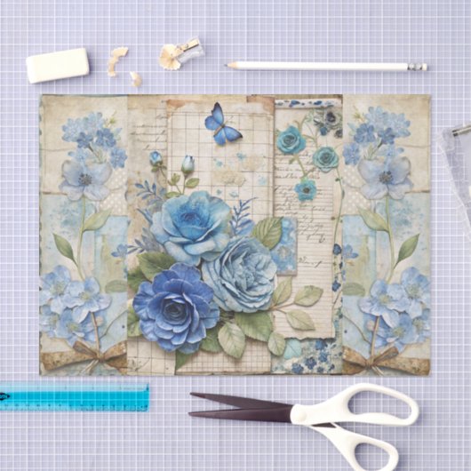 Vintage Inspired Blue Floral Butterfly Scrapbook 薄葉紙 (クラフト)