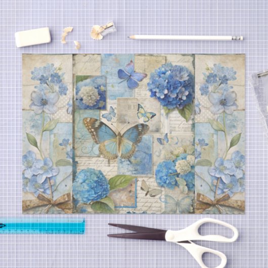 Vintage Inspired Blue Floral Butterfly Scrapbook 薄葉紙 (クラフト)