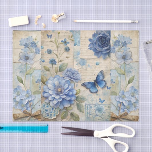 Vintage Inspired Blue Floral Collage Scrapbook 薄葉紙 (クラフト)