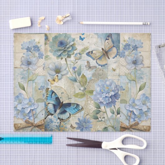 Vintage Inspired Blue Floral Collage Scrapbook 薄葉紙 (クラフト)
