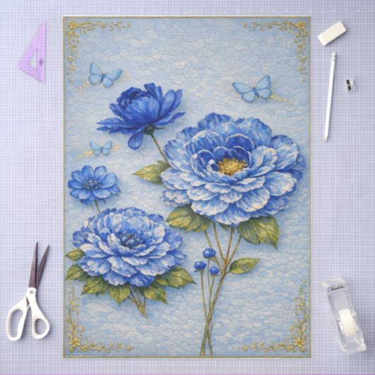 Vintage Inspired Blue & Gold Floral Decoupage 薄葉紙 (クラフト)