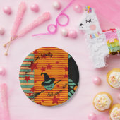 Vintage-Inspired Dusty Teal Retro Pumpkin & Witch  ペーパープレート (パーティー)