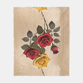 Vintage Inspired Red And Yellow Roses フリースブランケット