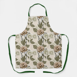 Vintage Inspired Sepia Roses With Green Leaves エプロン