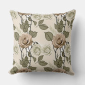 Vintage Inspired Sepia Roses With Green Leaves クッション (正面)