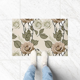 Vintage Inspired Sepia Roses With Green Leaves ドアマット