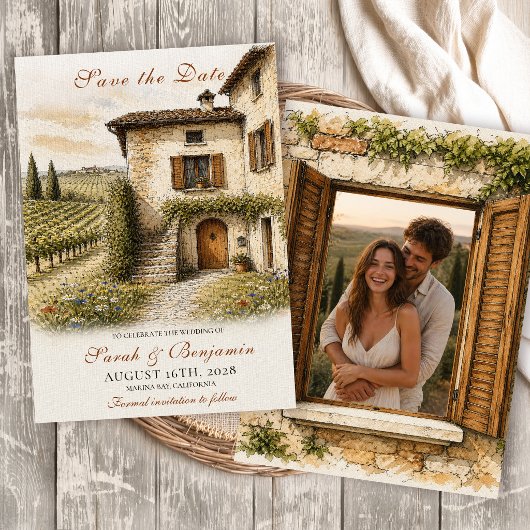 Vintage Italian Farmhouse Photo Save the Date 招待状