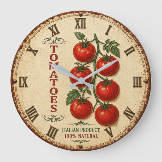 Vintage Italian Tomatoes Rustic Farmhouse Kitchen ラージ壁時計 (正面)