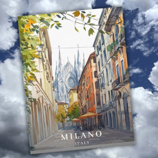 Vintage Italy Milano Milan Travel Watercolor  シーズンポストカード