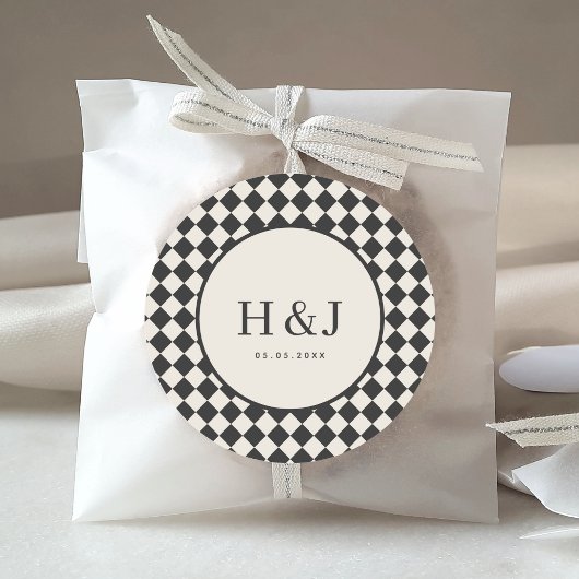 Vintage Ivory & Black Checkered Monogram Wedding ラウンドシール