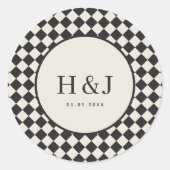 Vintage Ivory & Black Checkered Monogram Wedding ラウンドシール (正面)