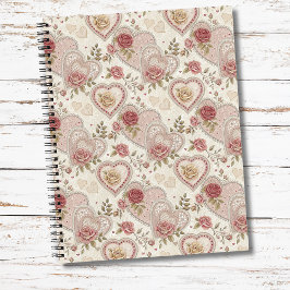 Vintage Ivory Brown Frilled Hearts Rose Pattern ノートブック