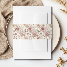 Vintage Ivory Brown Frilled Hearts Rose Pattern 招待状ベリーバンド