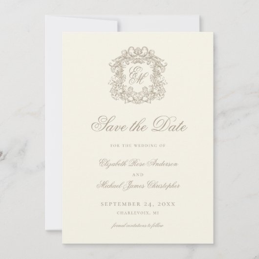 Vintage Ivory Crest Monogram Wedding Photo セーブザデート (正面)