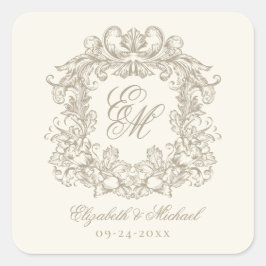 Vintage Ivory Elegant Wedding Monogram Crest スクエアシール