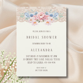Vintage Ivory Pink Floral Lace Bridal Shower 招待状
