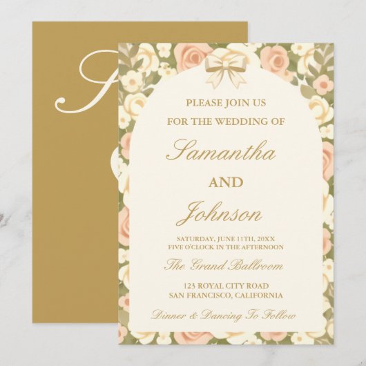 Vintage Ivory Script Wedding Invitation 招待状 (正面/裏面)