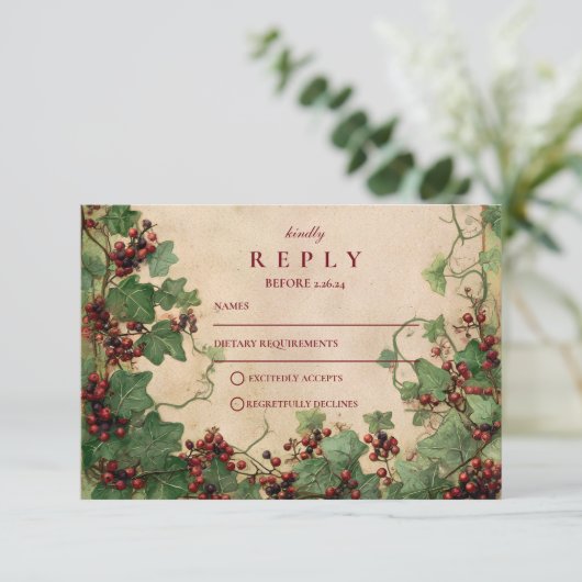 Vintage Ivy and Berries Wedding 出欠カード (スタンド正面)
