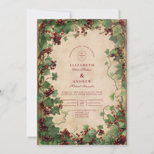 Vintage Ivy and Berries Wedding 招待状 (正面)