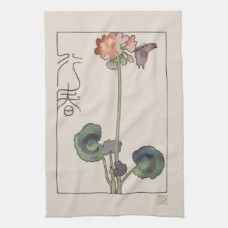Vintage Japan Spring Floral: Geranium & Butterfly キッチンタオル