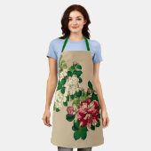 Vintage Japanese Camellias. Deep Pink on Beige エプロン (着用した状態)