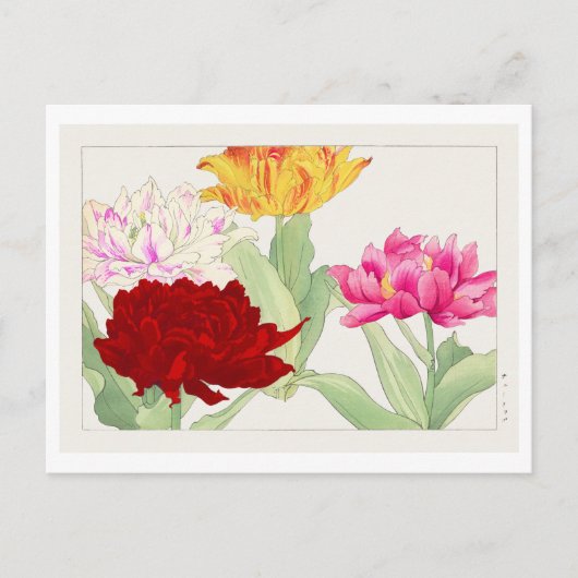 Vintage Japanese Peony Woodblock Print ポストカード (正面)