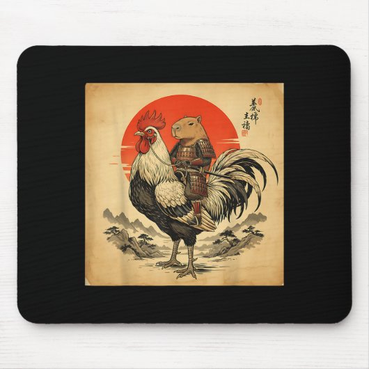 Vintage Japanese Samurai Capybara Rooster Chicken  マウスパッド (正面)