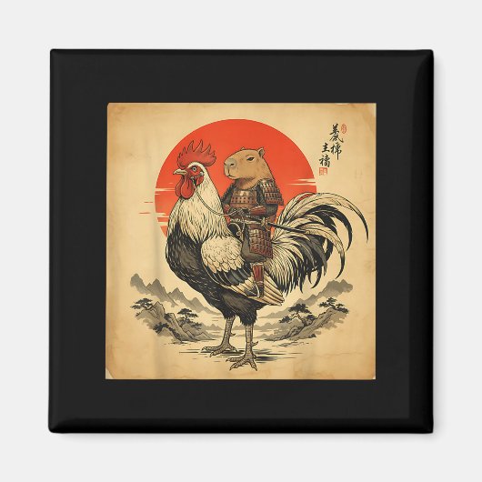 Vintage Japanese Samurai Capybara Rooster Chicken  マグネット (正面)