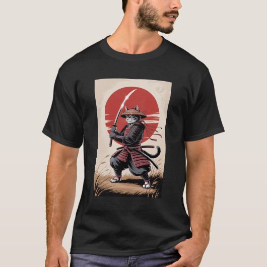 Vintage Japanese Samurai Cat Warrior  Tシャツ (正面)