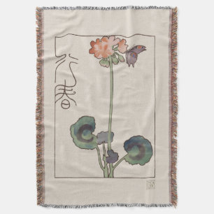 Vintage Japanese Spring Art: Geranium & Butterfly スローブランケット