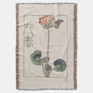 Vintage Japanese Spring Art: Geranium & Butterfly スローブランケット