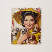 Vintage Japanese Woman and Puppies ジグソーパズル (縦)